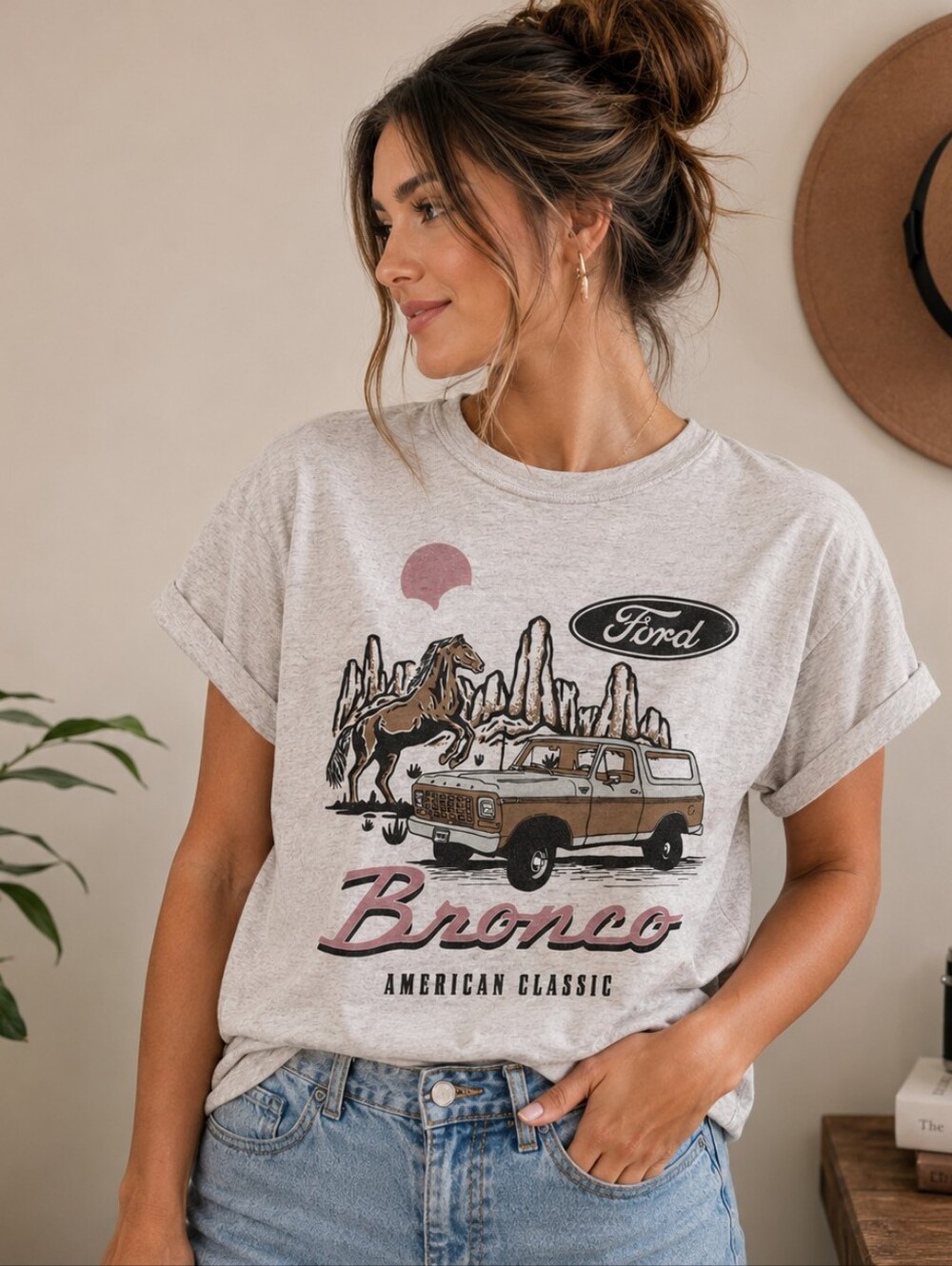 Ford Bronco Graphic Tee in Light Gray with Pink Accents